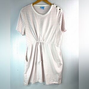 Draper James XL Cotton Striped Pocketed Mini Dress in Pastel Pink